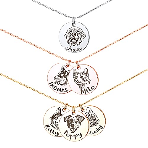 Anavia Personalized Pet Portrait Necklace, Handmade Pet Dog Cat Memorial Jewelry Gift, Customized Round Disc Photo Engraved Necklace Pet Gifts for Animal Lover Dog Mom(1 Disc, Silver)