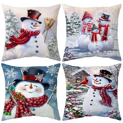 HANGYING Christmas Snowman Pillow Covers 18x18 Inch Set of 4 Winter Holiday Throw Pillow Covers Soft Velvet Pillow Case Snowflake Xmas Cushion Covers for Sofa Living Room Patio (Snowman)