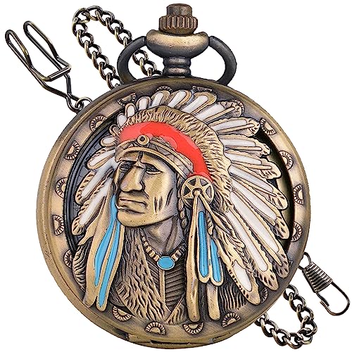 Tiong Ancient Native American Collectible Indian Pocket Watch Antique with Chain Persons of Native Heritage Gifts Fathers Days