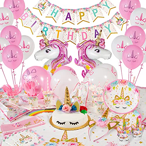 Unicorn Birthday Decorations for Girls Unicorn Party Supplies 211 Pieces Disposable Tableware Kit Serves 16 Headband Cake Topper with Eyelashes Unicorn Balloons – Birthday Banner – BONUS