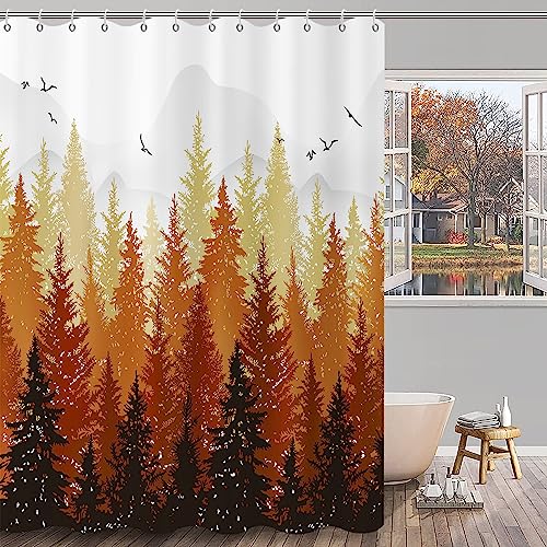 GCIREC Fall Misty Forest Shower Curtain, Orange Pine Tree Foggy Forest Woodland Mountain Nature Bathroom Curtain Home Decor Waterproof Fabric Machine Washable with 12 PCS Hooks,72' Wx72 L