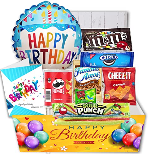 Birthday Gift Basket Candy variety pack with a Happy Birthday Balloon Care Package w/snacks and greeting card, for boy, girl, teenage, adults, best friend, Girlfriend, Boyfriend