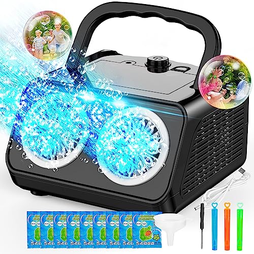 SHCKE Automatic Bubble Machine Upgrade Bubble Blower with 2 Fans, 20000+ Bubbles Per Minute Bubbles for Kids Portable Bubble Maker Operated by Plugin or Batteries for Indoor Outdoor Birthday Party