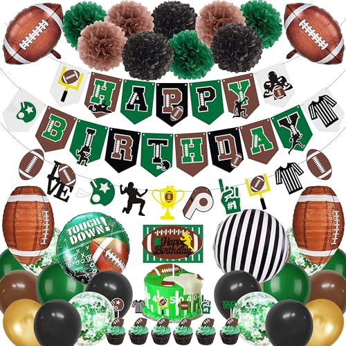 Super Bowl Party Decorations Football Birthday Decorations Sports Party Supplies Set (Birthday Banner Paper Pom Poms Cake Toppers Lanterns Balloons) (Football-01)