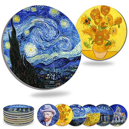 Coasters for Drinks Ceramic Van Gogh Art Coasters Set - Use 6 Famous Van Gogh Paintings, Unique Housewarming Gifts for New Home Decorative by WOWDING