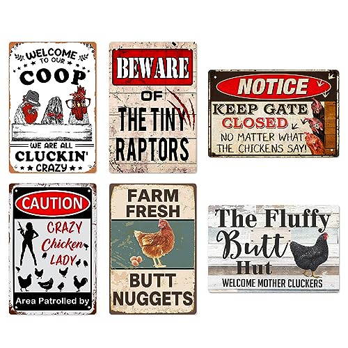 Metal Signs Chicken Signs Funny Chicken Coop Decor, Farm Sign for Home Kitchen Outdoor Decor Chickens Plaque Gifts for Chicken Fan Lovers 6 Pces 8×12 Inch