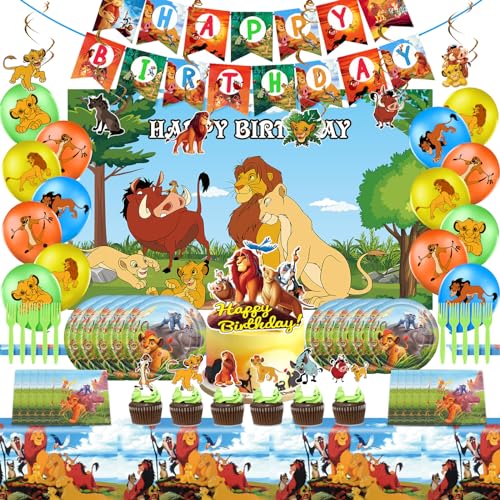 Lion King Birthday Party Supplies, Lion King Party Decorations&Tableware Set Include Happy Birthday Banner, Hanging Swirl, Balloons, Backdrop, Cake & Cupcake Topper, Plates, Napkins, Tablecloth…