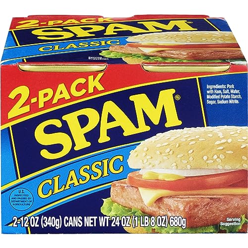 SPAM Classic Canned Meat, 12 Ounce (2 Pack), Fully Cooked Pork & Ham, 7g Protein Per Serving, 0g Trans Fat, Low Carb, Keto-Friendly, Gluten Free, Easy Open Can, Perfect for Sandwiches & Breakfast