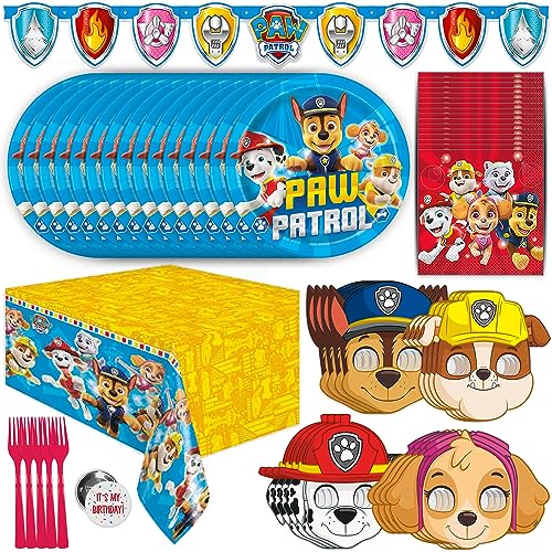 Unique Paw Patrol Birthday Decorations | Paw Patrol Party Supplies | With Paw Patrol Tablecloth, Paw Patrol Plates, Napkins, Character Masks, Forks, Button | Serves 16 Guests