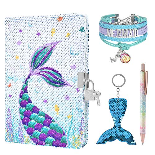 WERNNSAI Sequins Notebook Set - Sparkly Mermaid Gift for Girls Kids Christmas Birthday Notebooks Journal Diary with Lock School Travel A5 Lined Memos Writing Drawing Notepad Ballpoint Pen Bracelet Key-chain