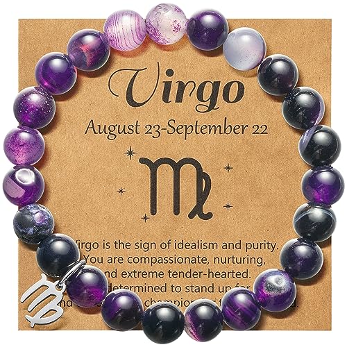 WATINC Constellation Zodiac Bracelet Virgo Birthday Gifts for Girls Women, Purple Natural Stone Astrology Bracelet with Charm Wish Card Envelop, Crystal Blessing Bracelet Jewelry for Girl Bday (Virgo)