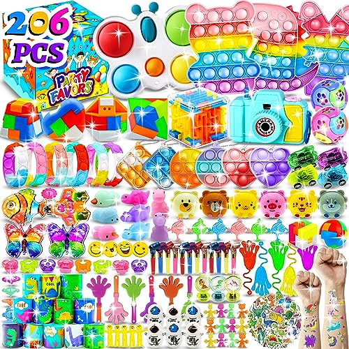 206 PCS Party Favors for Kids 3-5 8-12, Pop Fidget Toys Pack Birthday Gifts Bulk Toys Goodie Bag Stuffers, Treasure Box Toys for Classroom Prizes for Kids Pinata Stuffers