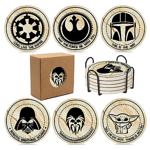 Star War Coasters for Drinks,6 PCS Funny Coasters Set with Coaster Holder,Stone&Cork Coasters for Coffee Table,Cute Coasters for Home Decor, Merchandise Show Gifts