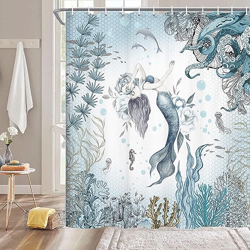Mermaid Shower Curtain, Sea Ocean Octopus Coral Reef Fish Seashell Jellyfish Theme Waterproof Fabric Bathroom Curtains, Teal and Blue Sea Ocean Bathroom Shower Curtain with 12PCS Hooks, 70X70IN