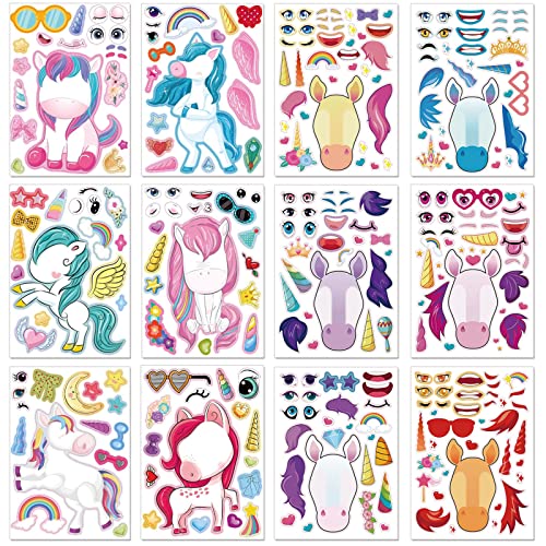 24 Sheets Unicorn Stickers Make a Face Stickers for Kids DIY Unicorn Sticker Sheet for Girls Children Unicorn Birthday Party Favors Exchange Gifts