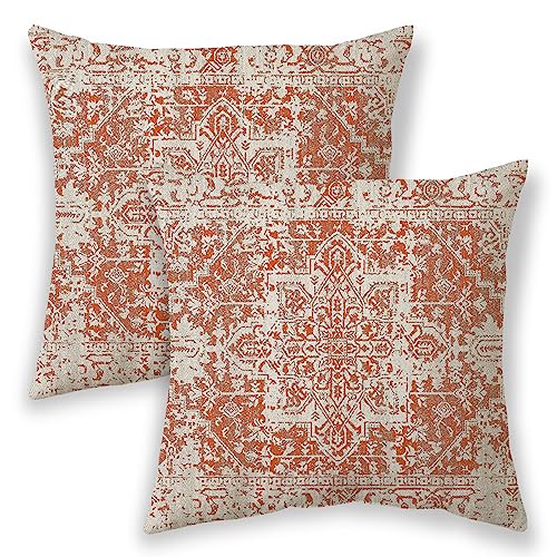 BETGINY Fall Boho Pillow Covers 18x18, Orange and Cream Ethnic Design Outdoor Decorative Throw Pillows for Couch, Carpet Pattern Decor Cushion Cover 2 Pcs Farmhouse Linen Pillowcase for Bed Car Safa