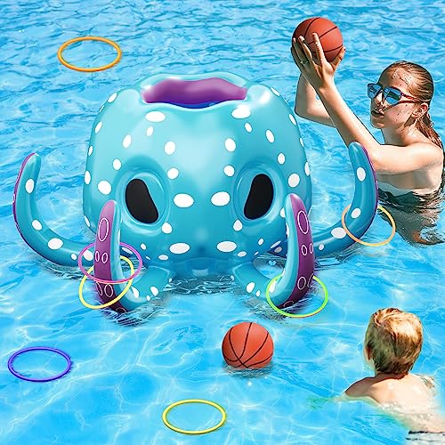 iPlay, iLearn Kids Octopus Pool Toys, 2-in-1 Inflatable Basketball Hoop & Ring Toss Yard Games, Toddler Indoor Outdoor Water Play, Cool Spring Summer Family Party Gift 3 4 5 6 7 8 Yr Old Boy Girl Teen