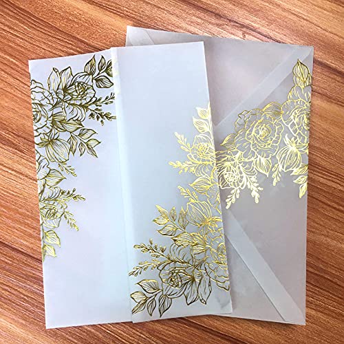LUCKY STAR 25 sets Shiny Gold foil Floral Embossing Vellum Wedding Invitations Cards with Envelopes Blank Inner Sheets for Bridal Shower Baby Party Engagement Anniversary Invite Sweet 16