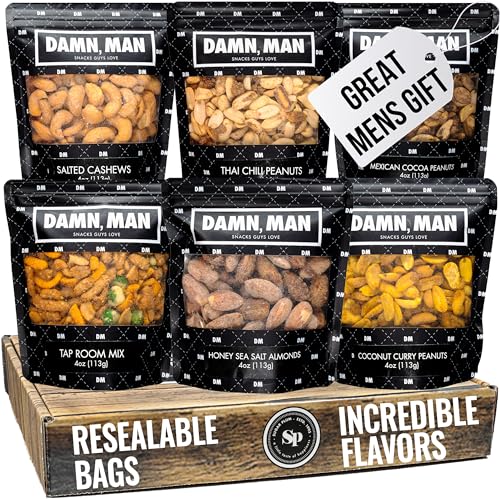 Nuts Gift Basket for Men, Adults - 6 Unique Flavors, Great Birthday Gift for Men, Gift for Dad, Food Gift Basket, Gourmet Nut Snack