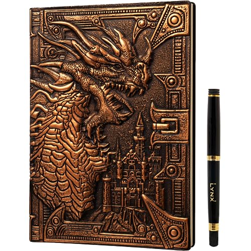 DND Notebook / Journal, Unique 200 Page Book with 3D Bronze Dragon Embossed Faux Leather Cover with Pen- Ideal for Dungeons & Dragons / D&D. Great RPG Accessories Gift for DM's & Players, Men or Women