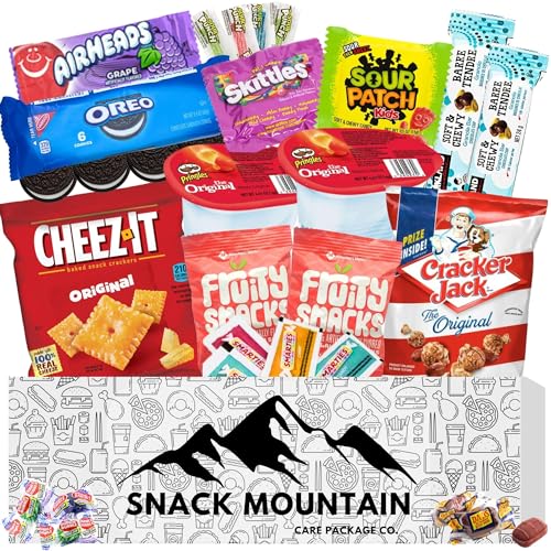 Snack Mountain Care Package 25 Count, Candy & Food Box for Teens & Adults, Birthday Snack Box, College Snacks for Final Exams, Chips, Popcorn, Variety Pack, College Students, Holiday Gift Snack Basket