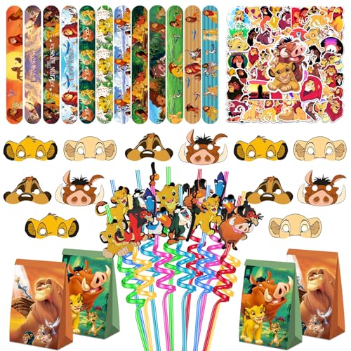 delaimastor 98PCS Lion King Party Favor Supplies -Reusable Drinking straws Masks&Slap Bracelets Candy Bags&Lion King Stickers Gifts for Kids Themed Party Favors Birthday Decorations