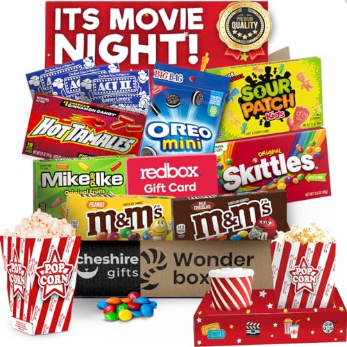 Movie Night Basket Gift Set – with Redbox Gift Card, Movie Trays, Movie Candy Variety Pack, Movie Snacks & Popcorn Gift Set – Gift Baskets For Families by Cheshire Gifts