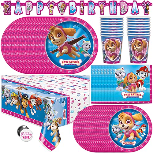 Pink Skye Paw Patrol Party Supplies and Decorations for Girls Birthday Party, Features Skye and Everest, Serves 16 Guests, Includes Tableware and Decor with Table Cover, Banner, Plates, Napkins & More