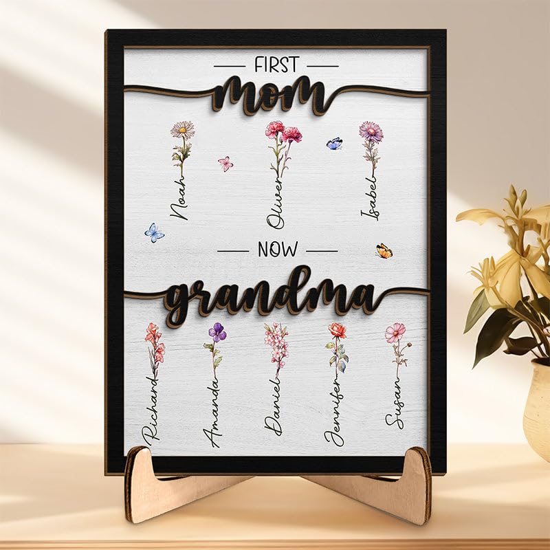Pawfect House First Mom Now Grandma Customized Birth Month Flower Wood Plaque With Stand, Mothers Day Gifts For Mom, Grandma, Mom Gifts From Daughters, Sons, Grandma Birthday Gifts From Grandkids