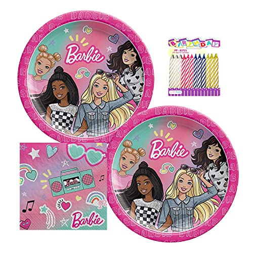 Amscan Barbie Dream Together Party Supplies Pack Serves 16: Dessert Plates and Beverage Napkins with Birthday Candles (Bundle for 16)