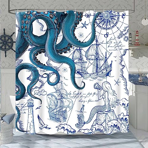 Fungarth Blue Nautical Octopus Shower Curtain Navy Mermaid Funny Ocean Kraken Shower Curtains for Bathroom Cool Anchor Coastal Map Waterproof Fabric Bath Curtain Decor with Hooks (Blue, 72” x 72”)