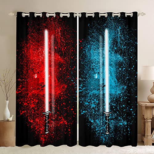 Feelyou Lightsaber Curtains Red Blue Tie Dye Curtains for Bedroom Living Room for Kids Boys Teens Future Technology Windows Drapes Soft Durable Washable Room Decoration,42 X 63 Inch,2 Panels