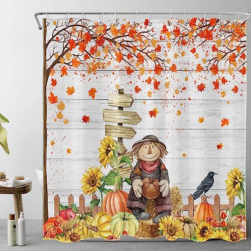 MEUNEAR Fall Shower Curtain Orange Maple Leaf Pumpkin Sunflower and Scarecrow on Rustic Wood Boards Shower Curtain with Hooks, Rustic Autumn Thanksgiving Bathroom Curtains Shower Set, 72X72Inches