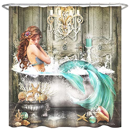 ELC Designs Group Fantasy Mermaid Print Polyester Cloth Bathtub Shower Curtain, Hooks Included, Bathroom Home Décor, 72 X 72