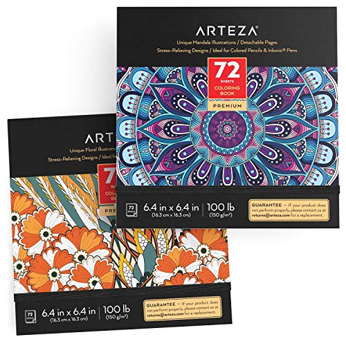 Arteza Adult Coloring Books, Floral & Mandala Designs, 6.4x6.4 Inches, Pack of 2, 144 Sheets Total, 100 lb, Black Outlines, Detachable Pages, Art Supplies for Soothing and Stress-Relief