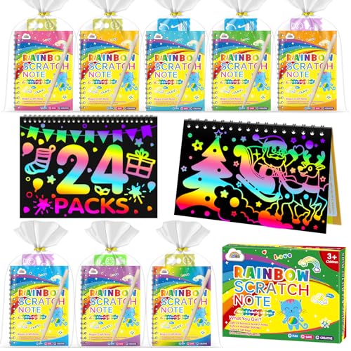 ZMLM Rainbow Scratch Party Favors Kids: Birthday Gifts Toy Bulk Scratch Art Notebook 24 Pack Scratch Paper Birthday Party Favor Girls Boys Art Craft Kit Scratch Pads Classroom Prizes