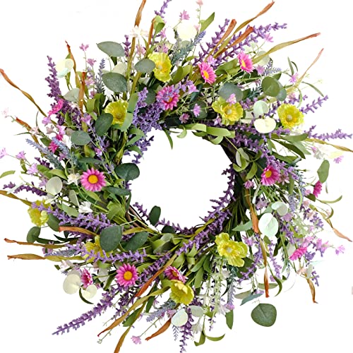 Idyllic 20 Inch Spring Summer Wild Flower Artificial Daisy Front Door Wreath, Everyday Greenery Eucalyptus Leaves for Indoor and Outdoor Use, Rustic Farmhouse Style Home Wreath Decor