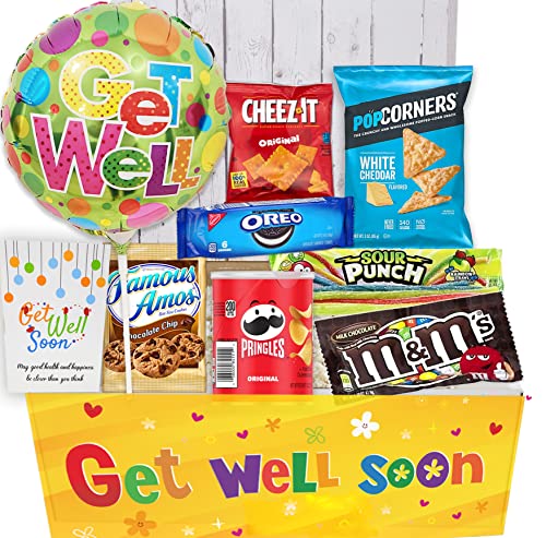 GET WELL GIFT basket, package for kids Unisex, child boy or girl Care package, Feel better soon for home or hospital after surgery w/Balloon, candy & snacks & greeting card
