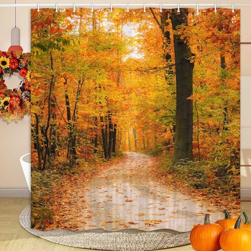 DYNH Fall Forest Shower Curtain, Yellow Fall Maple Leaves Tree Nature Autumn Season Fabric Shower Curtains for Bathroom, Thanksgiving Fall Landscape Shower Curtain Autumn Bath Decor with Hooks