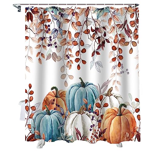 Fall Thanksgiving Shower Curtain, Watercolor Autumn Pumpkins Eucalyptus Leaves Shower Curtains Set with Hooks, Blue Orange Waterproof FabricBathroom Decor Home Accessories,72 X 72 Inch Long
