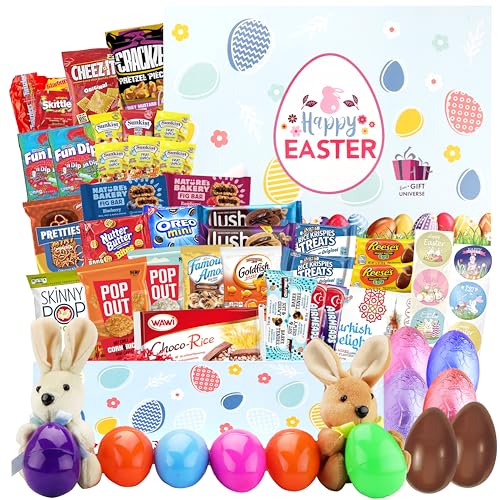 BLUE RIBBON, Easter Gift Basket (82 Count) Care Package with Two Plush Bunny Treats Snacks Cookies Candy Toys Gift Box for Kids Friends Children Family Boys Girls