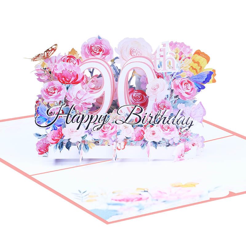 Happy 90th Birthday Card, 90th Birthday Cards for Women, 90th Birthday Gifts for Women, Happy Birthday Card, Pop Up Cards, Pop Up Cards Flowers for Women with Note. (90 Birthday Card)