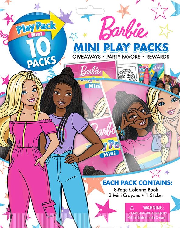 Barbie Play Pack of 10 Mini Packs, Grab & Go Each with a Mini Barbie Coloring Book, 2 Mini Crayons, and a Barbie Sticker Sheet