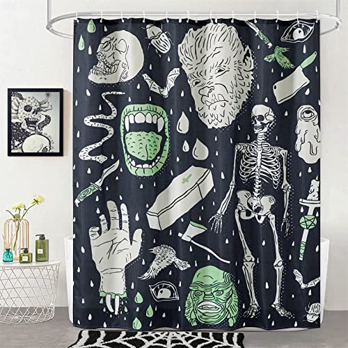 Estmy Vintage Halloween Shower Curtain Set Black, Heavy Duty Waffle Fabric, Creepy Gothic Skeleton Skulls Bats Fun Cute Halloween Shower Curtains with Hooks Scary Spooky Horror Bathroom Decor