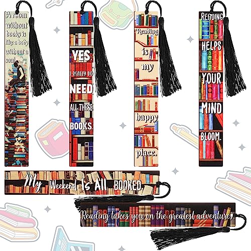 Colarr 12 Pcs Bookshelf Wooden Bookmarks for Book Lovers Wood Book Mark with Tassel Bulk Vintage Bookmarks for Reading Men Women Teacher Student Kids Gifts Birthday Book Club Party Favors 6 Designs