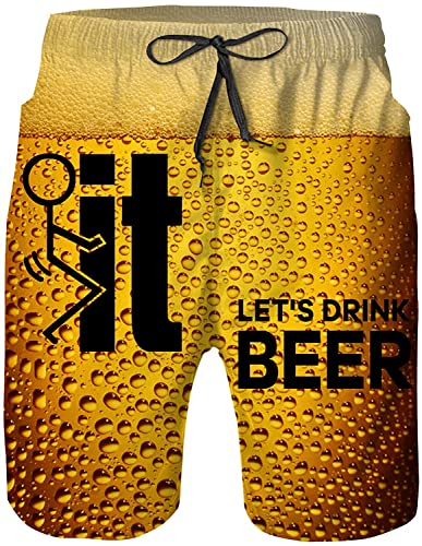 Fk It Let’s Drink Beer Men's Funny Swim Trunks Quick Dry Beach Shorts Breathable Beach Surfing Casual Shorts with Pockets - X-Large
