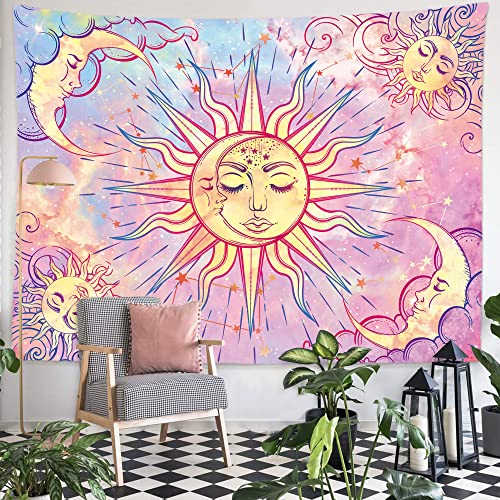 Ohjijinn Pastel Pink Tapestry Sun and Moon Tapestry Celestial Burning Sun Tapestry Aesthetic Tapestry Butterfly Tie Dye Wall Hanging for Girl Home Decor Bedroom Dorm Living Room