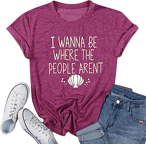 I Wanna Be Where The People aren't T-Shirt for Women Travel Tees Funny Shell Graphic Printed Loose Fit Plus Size Tee Tops(Purple XXL)