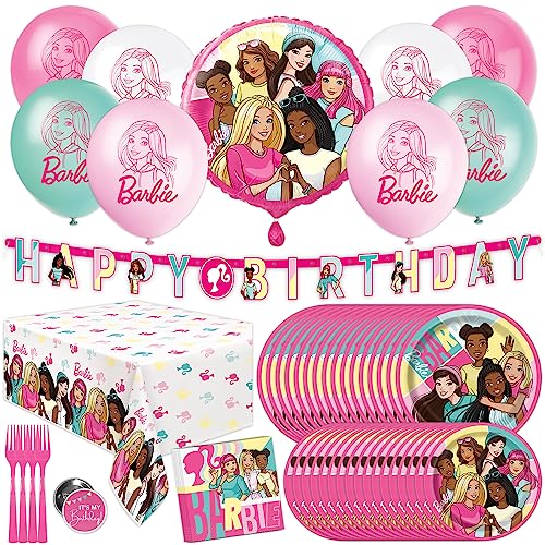 Unique Barbie Party Decorations | Serves 16 Guests | Officially Licensed | Barbie Birthday Decorations | Barbie Birthday Party Supplies | Barbie Balloons, Banner, Tablecover, Plates, Napkins, Button