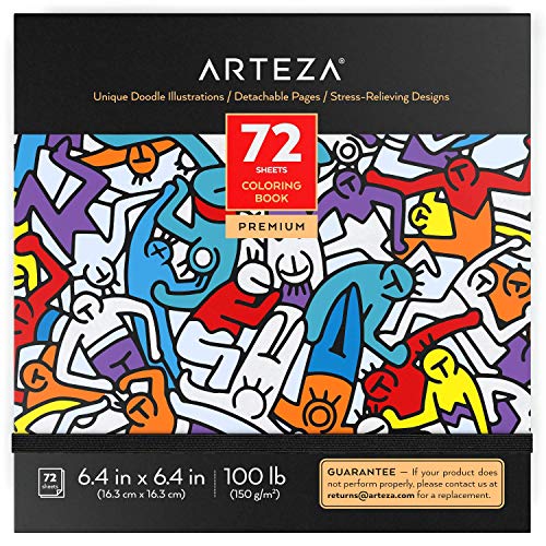 Arteza Coloring Book for Adults, Doodle Designs, 72 Sheets, 100 lb, 6.4x6.4 Inches, Art Supplies for Anxiety, Stress Relief & Relaxing, Detachable Pages